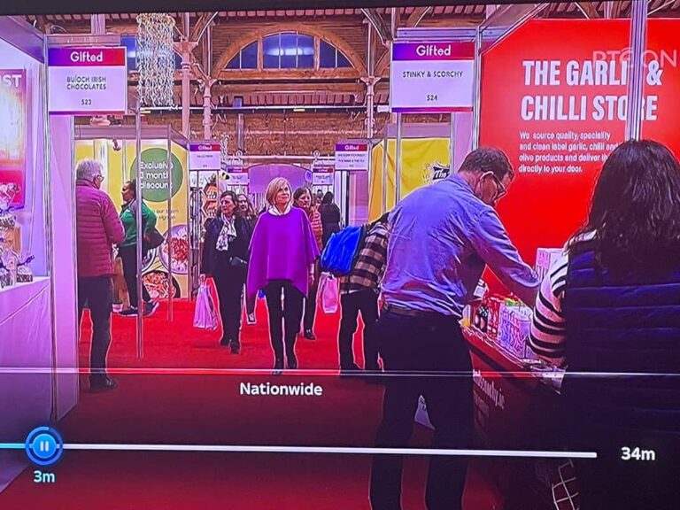 image of stinkyandscorchy.ie products at a show stand on TV - RTE Nationwide